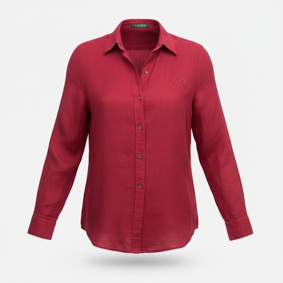 Lauren Ralph Lauren Tops - Lauren Ralph Lauren Women's SMALL 100% Linen Red Button Shirt Embroidered Logo